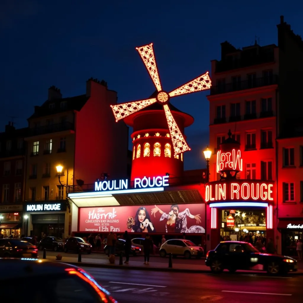 The Moulin Rouge windmill illuminated against the night sky.