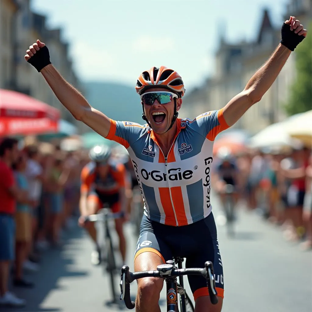 Stuart O'Grady celebrating his victory at the finish line of the 1999 Tour de France Stage 9