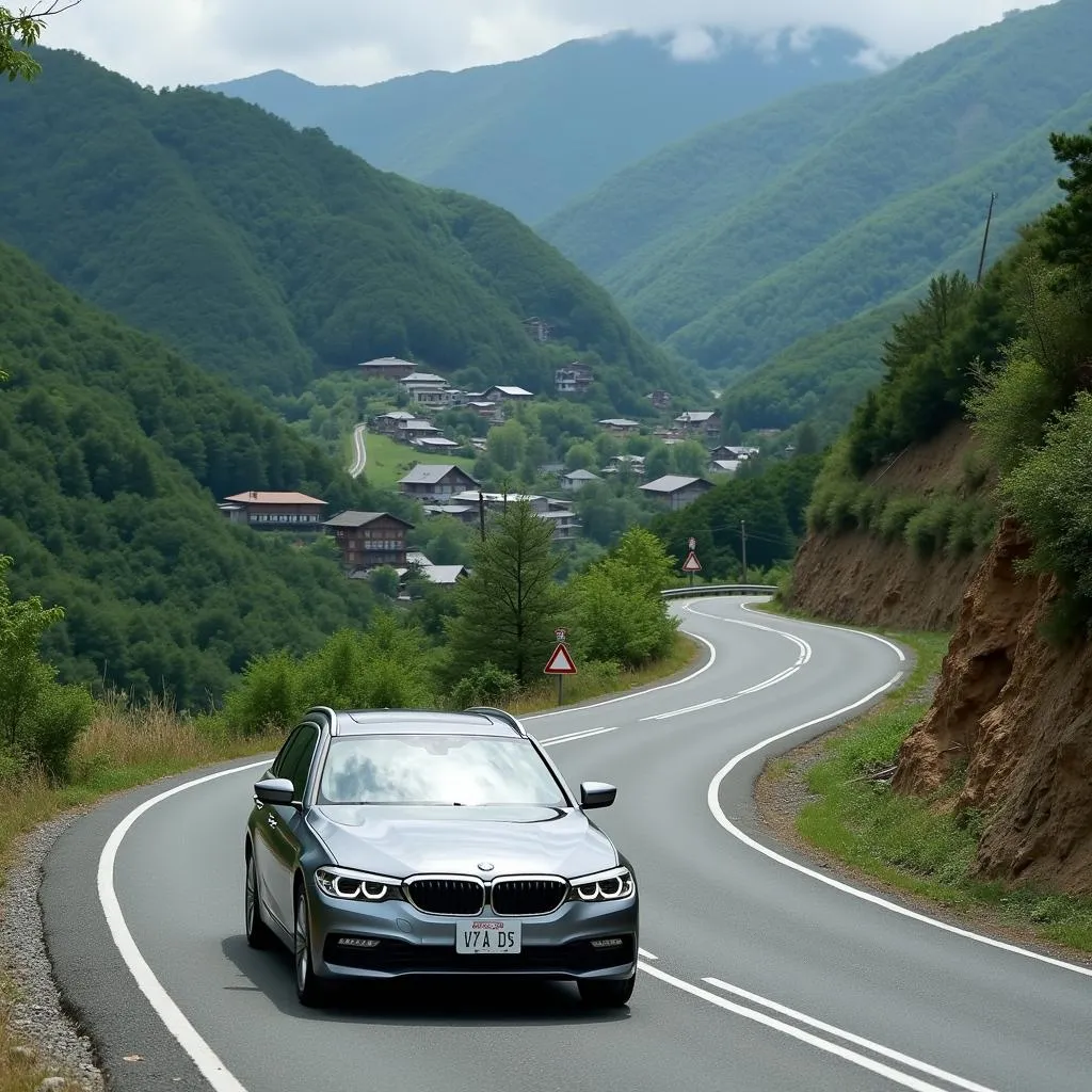 BMW 320d Touring gracefully navigates a winding mountain road in Japan, offering breathtaking views of lush valleys and forested slopes.