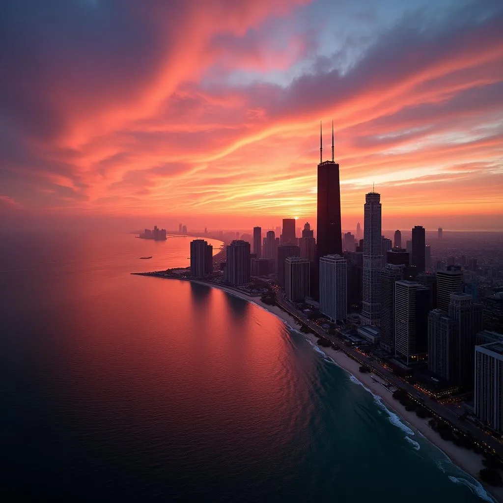 Chicago skyline at sunset from 360 Chicago