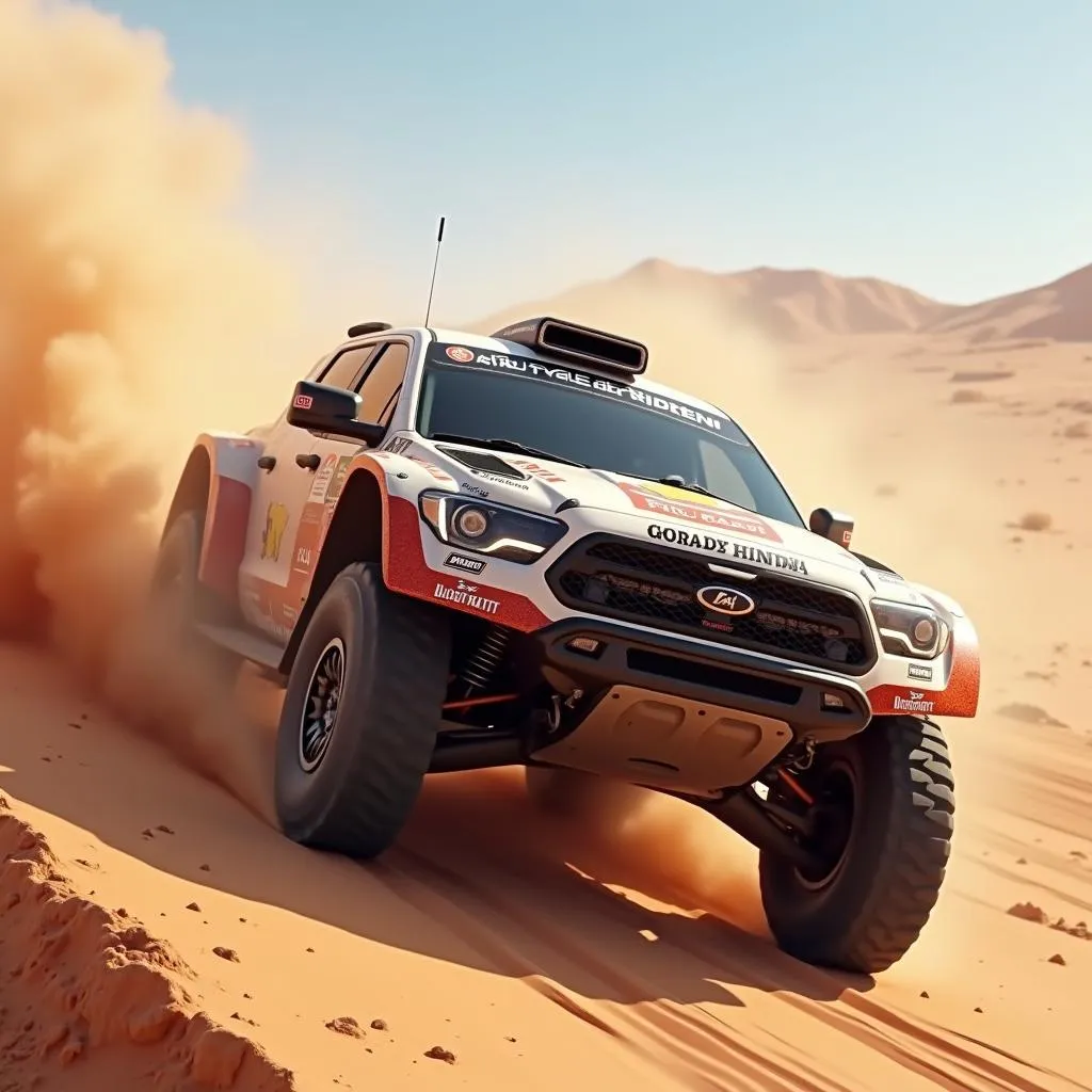 Off-Road Rally Car Speeding Through Desert Terrain