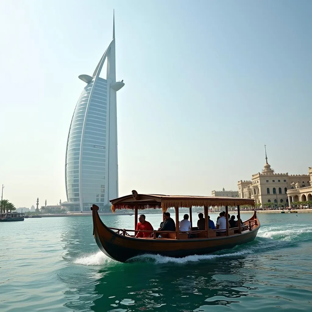 Traditional abra on Dubai Creek with Burj Khalifa in the distance 