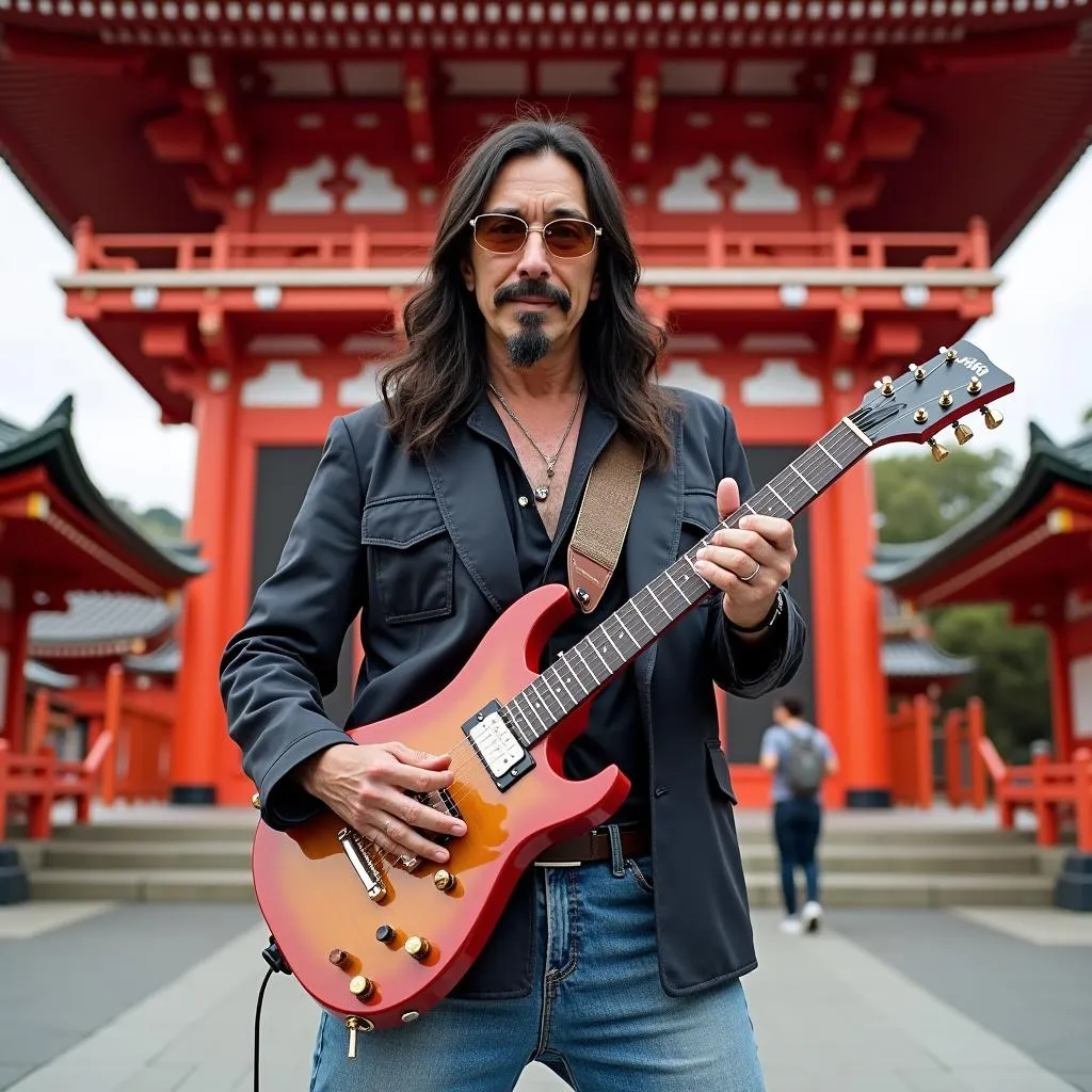 Ace Frehley posing in front of a Japanese temple