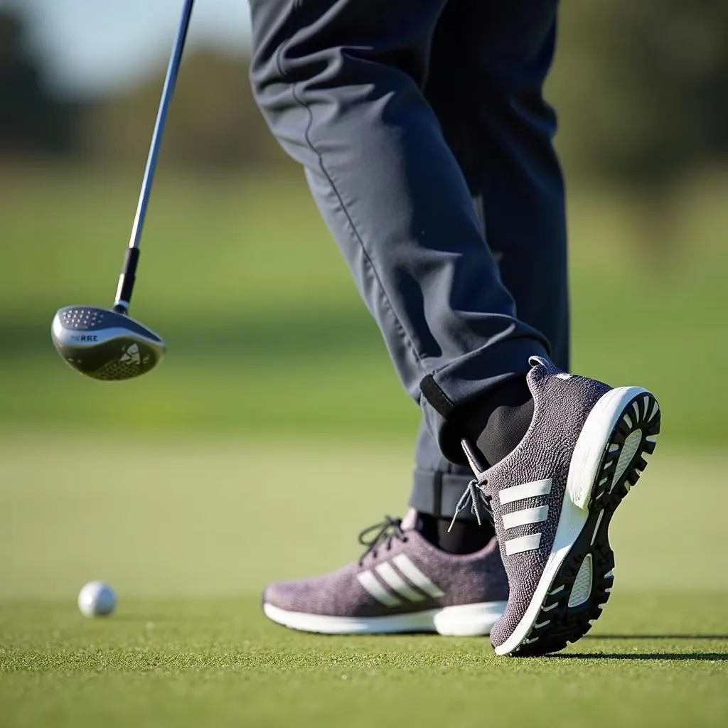 Golfer swinging with Adidas Tour 360 Knit golf shoes