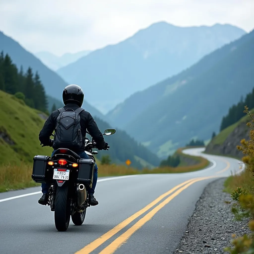 Adventure touring motorcycle riding on a scenic mountain road in Japan