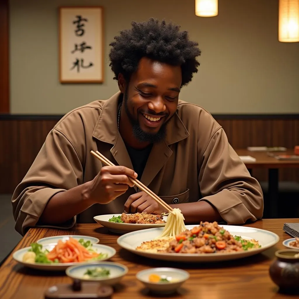 Afroman enjoying a meal at a traditional Japanese restaurant