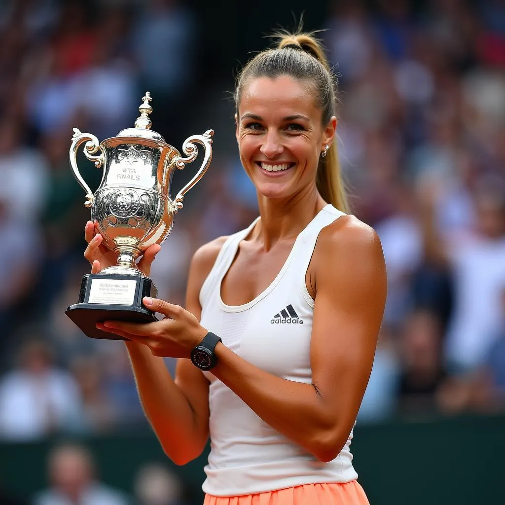 Agnieszka Radwanska celebrating her victory at the WTA Finals with the trophy