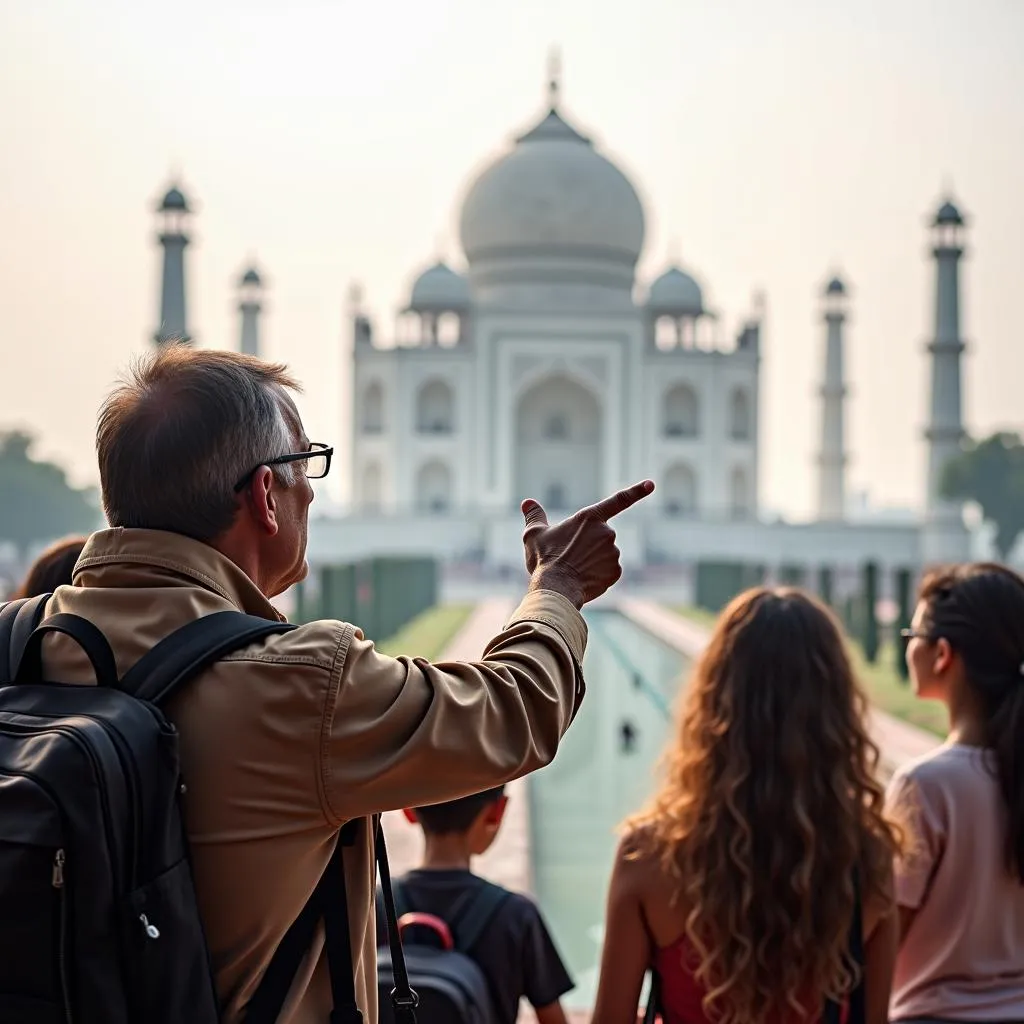 Tour guide explaining the Taj Mahal's history to travelers