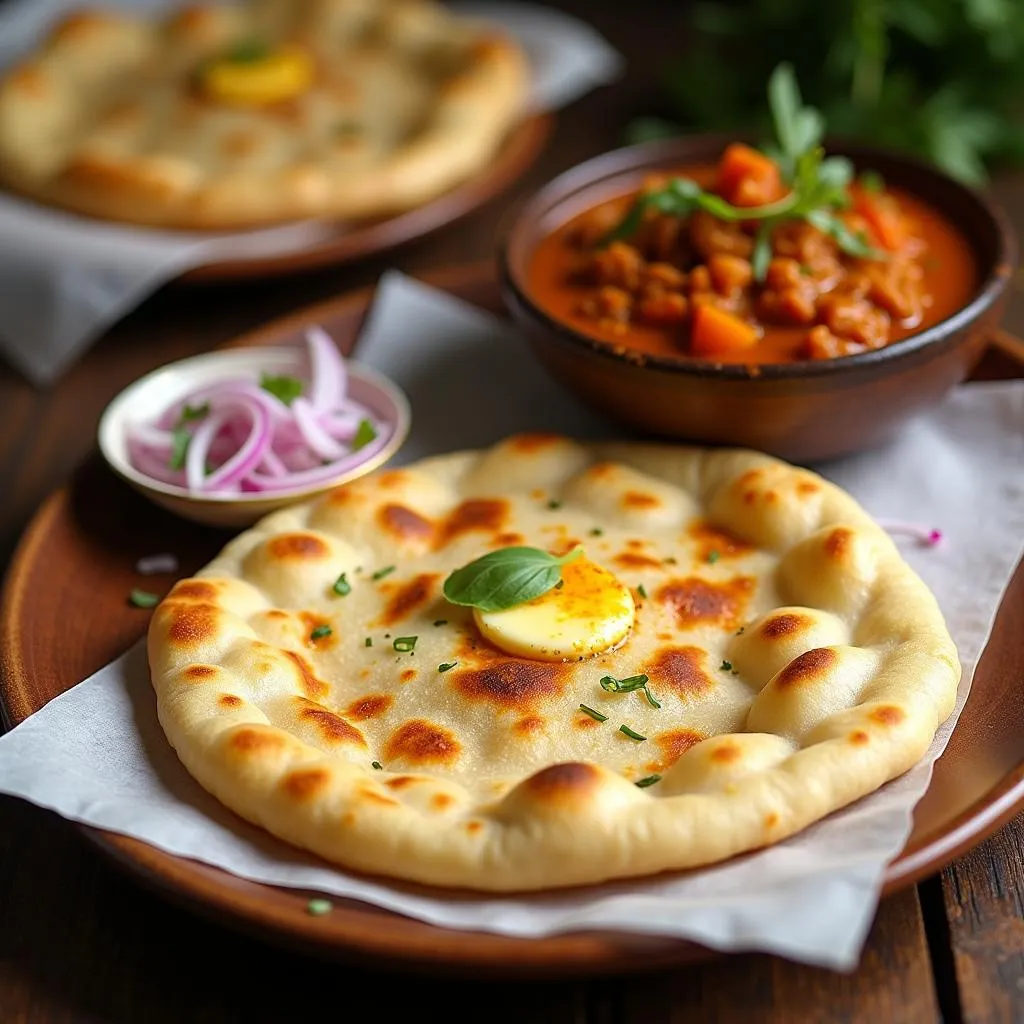 Amritsari Kulcha Served with Chole and Onion Salad