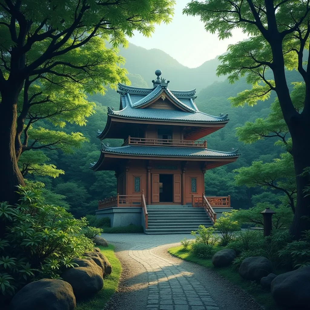 Ancient Japanese Temple with Lush Greenery