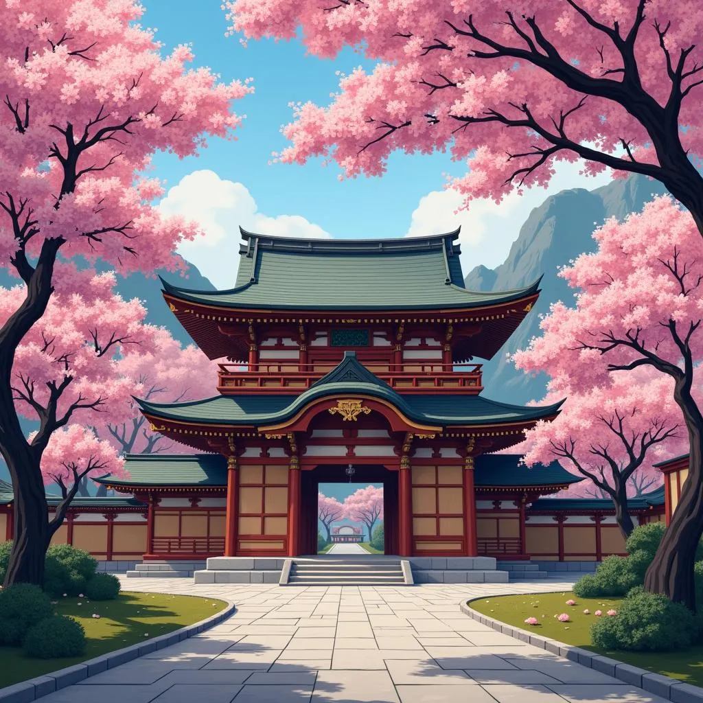 Ancient Japanese Temple amidst Cherry Blossoms