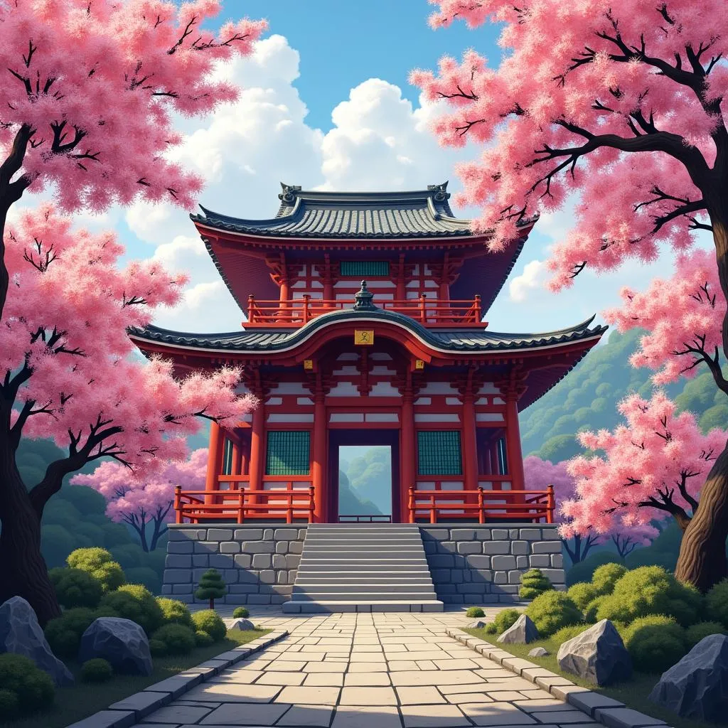 Ancient Japanese Temple in Full Bloom