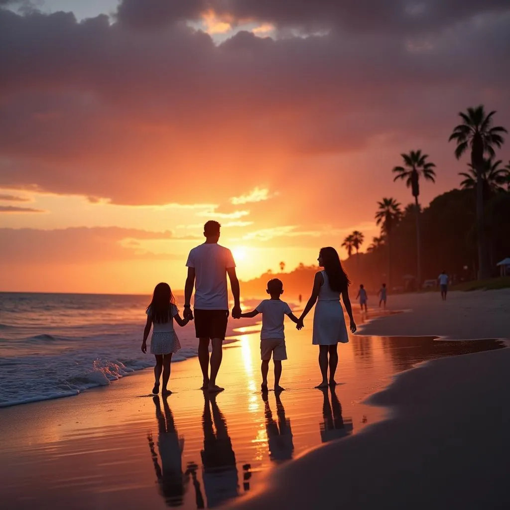 Silhouette of family walking on beach at sunset in Andaman