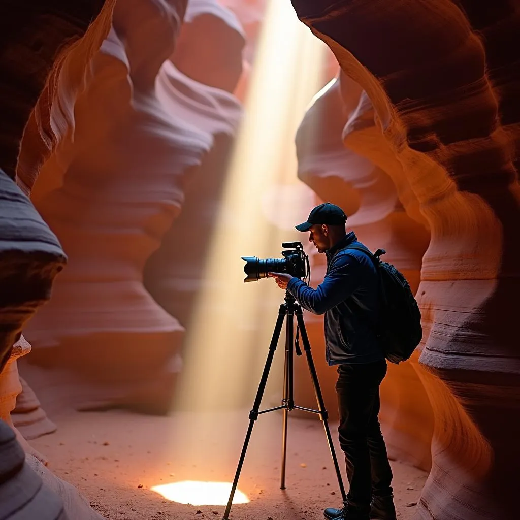 Photographer Adjusting Camera Settings Inside Canyon