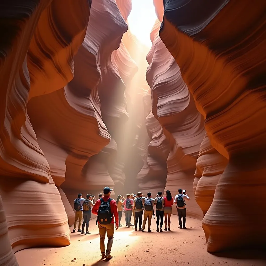 Guided Tour Group Navigating Narrow Passage