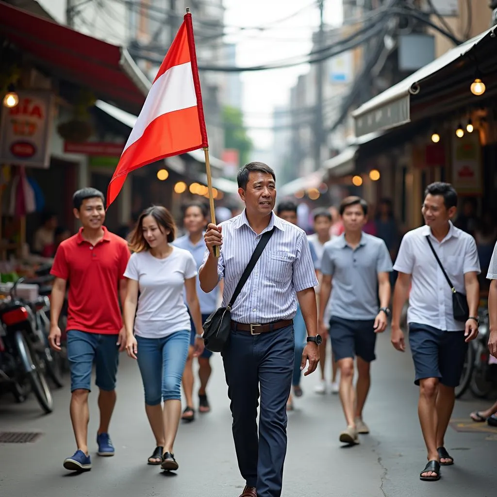 Tour guide leading group through bustling Bangkok street