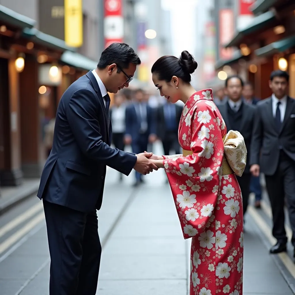 Two people bowing in a Japanese greeting