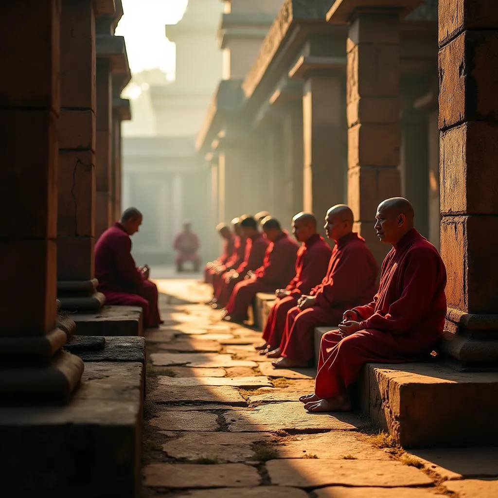 Buddhist Monks Meditating amidst Sarnath Ruins