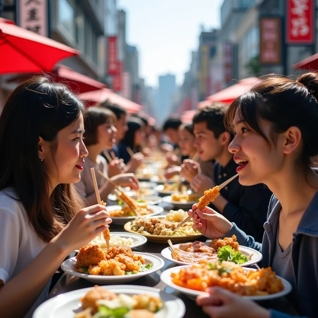 Tourists enjoying street food in Japan