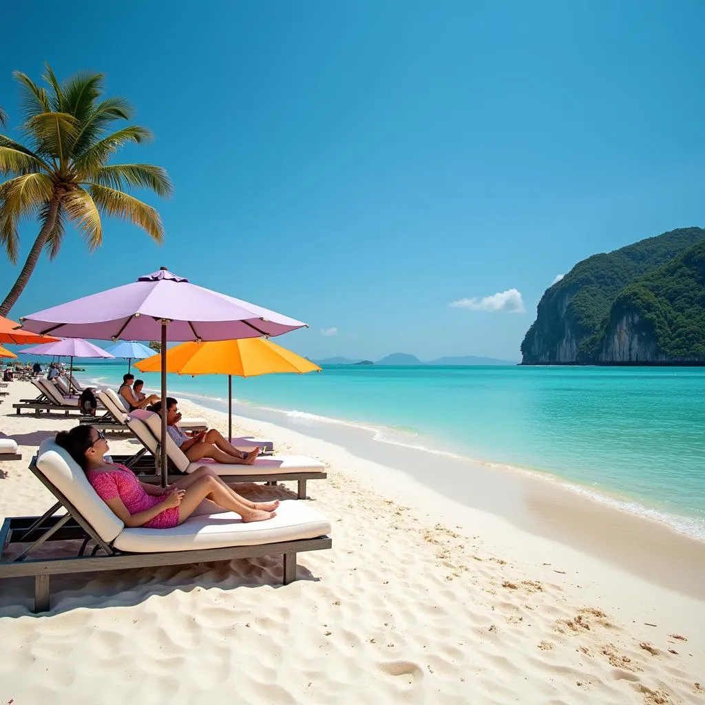 Tourists relaxing on a pristine beach in Cambodia