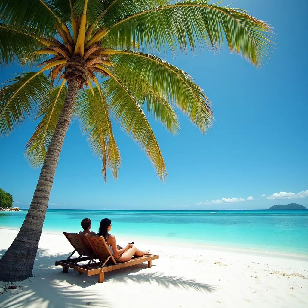 Couple relaxing on a pristine Caribbean beach