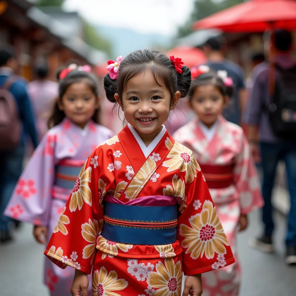 Kids dressed in colorful kimonos at a lively Japanese festival