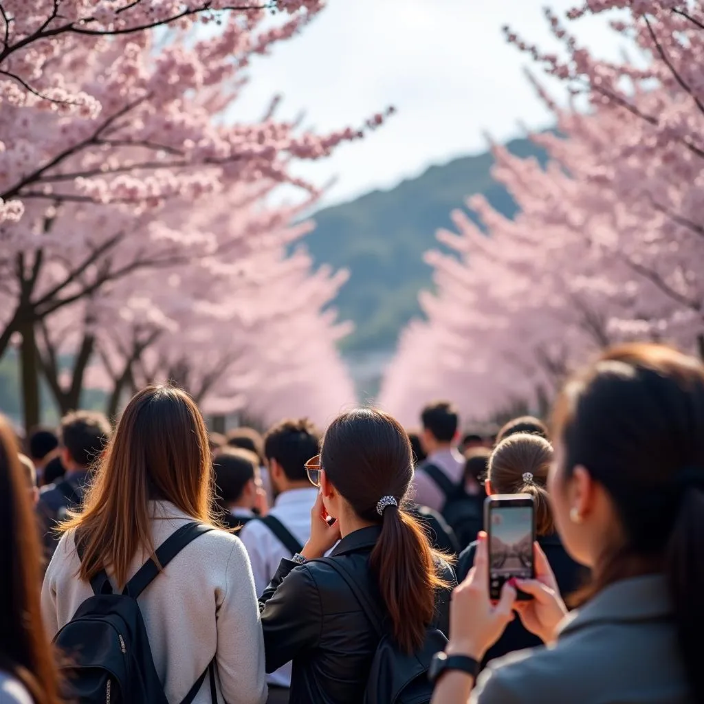 Tourists taking pictures of cherry blossoms in Japan