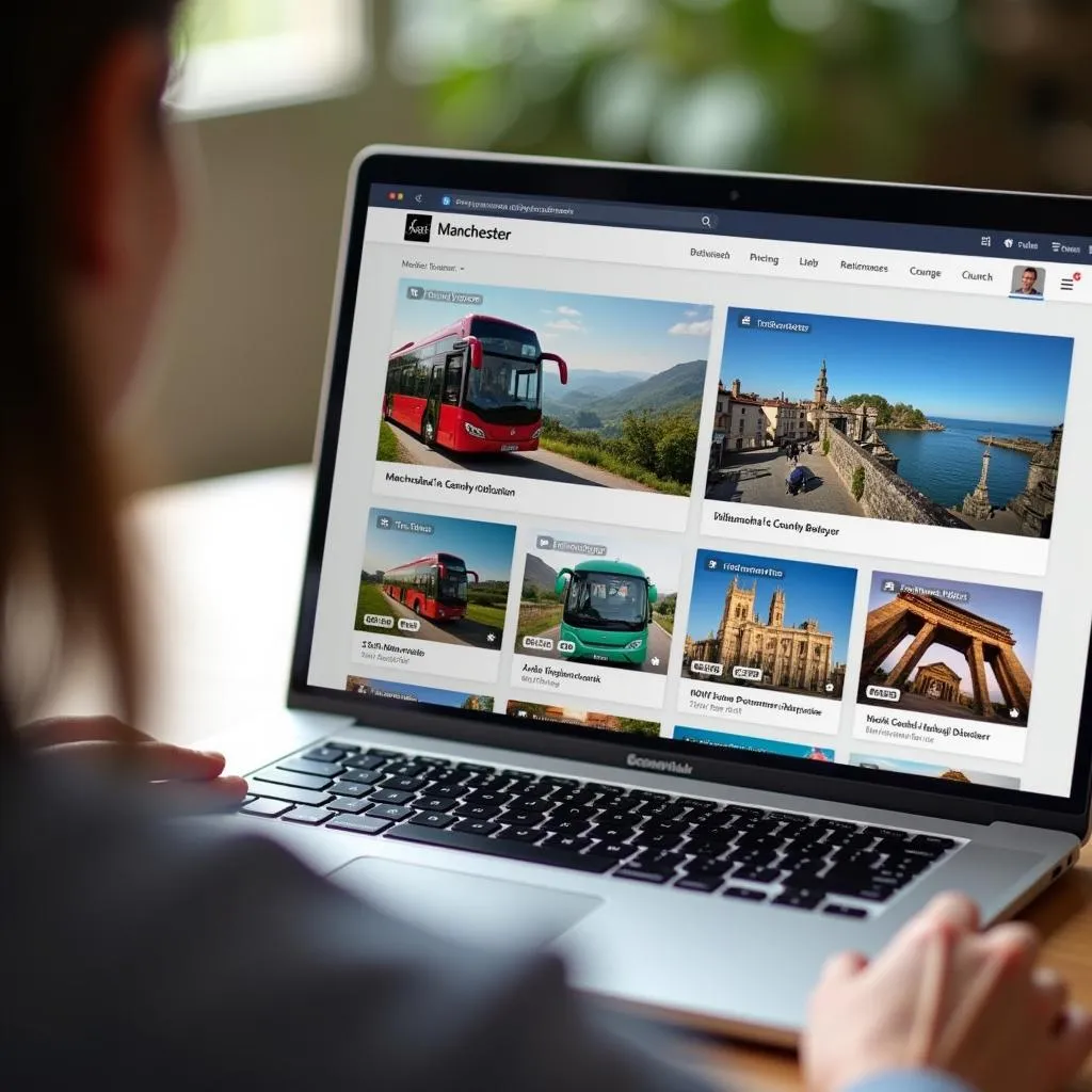 Traveler selecting a Manchester coach tour itinerary on a laptop