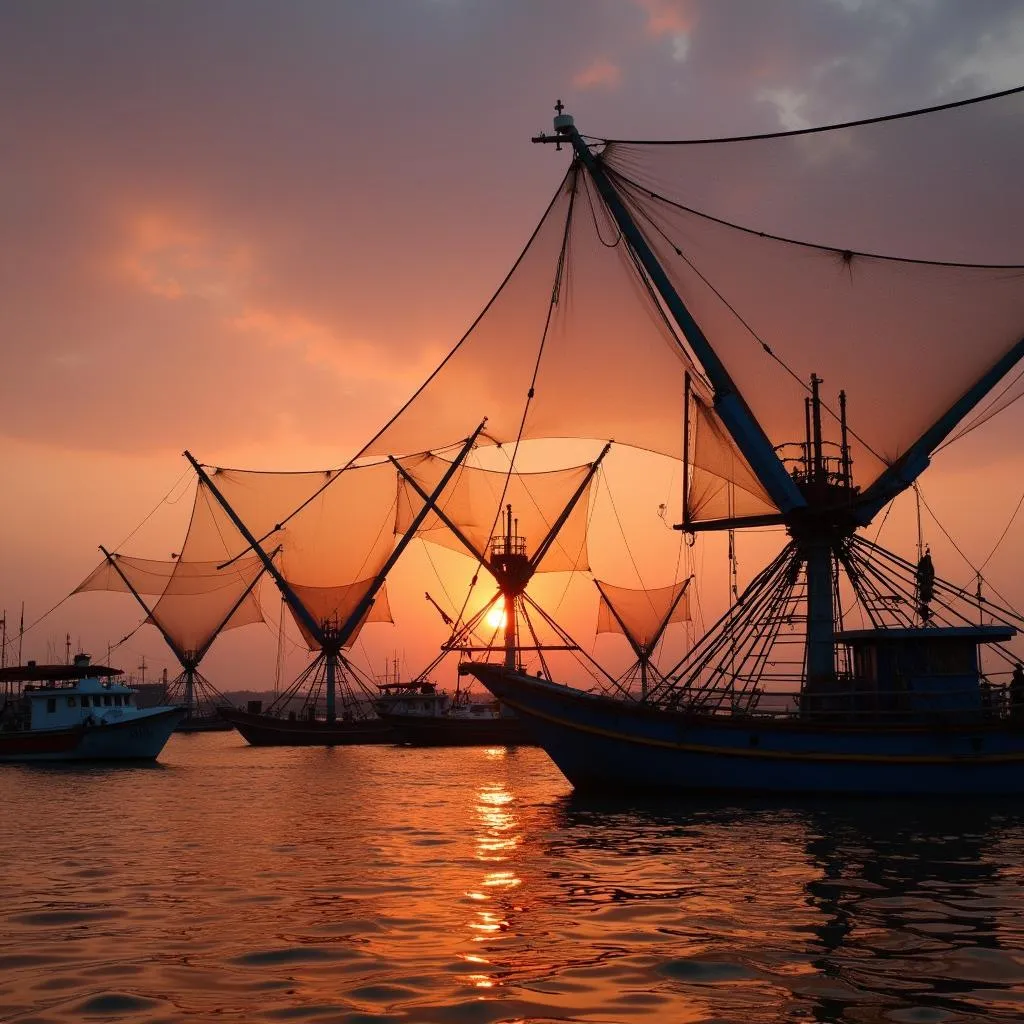 Chinese fishing nets at sunset in Cochin