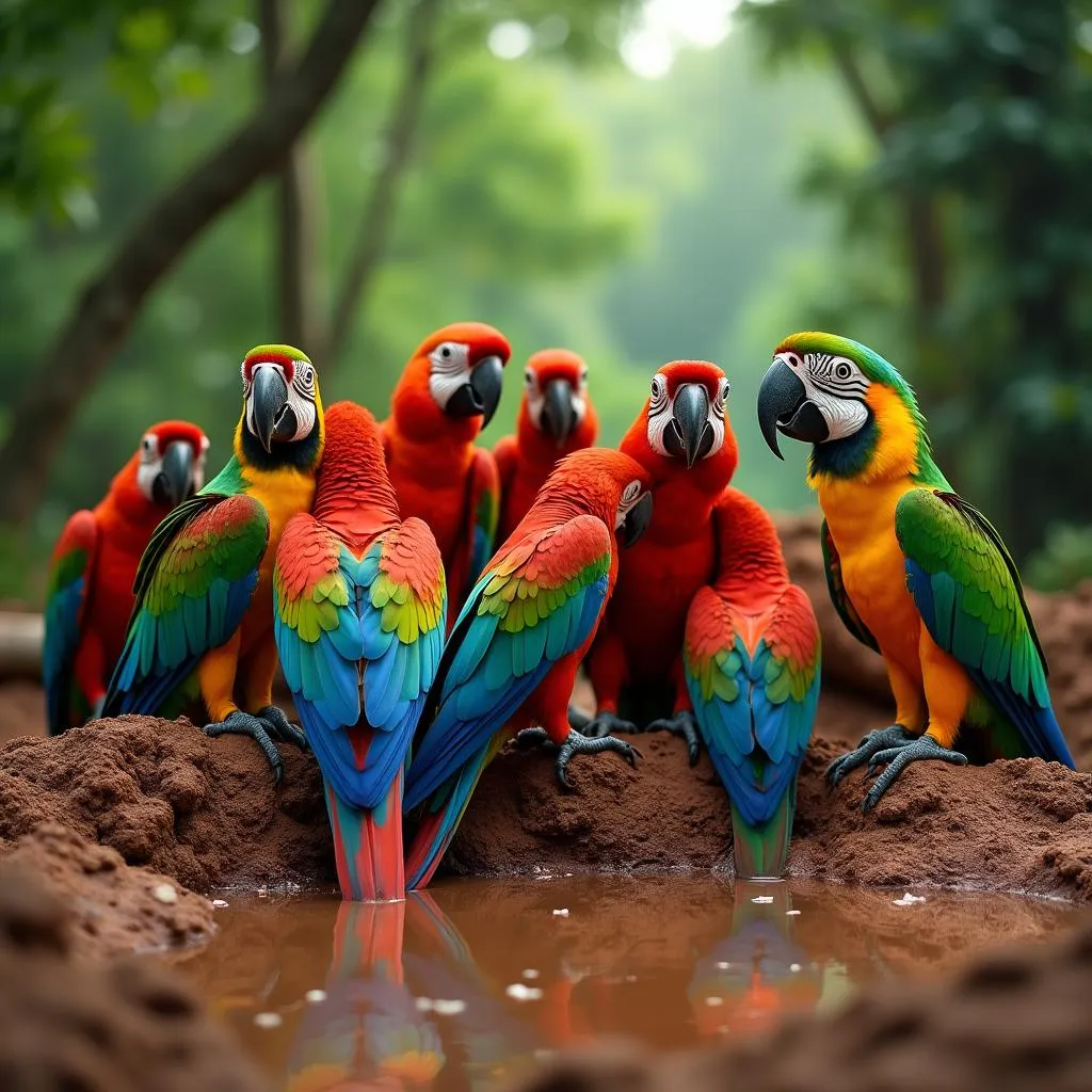 Macaws gathering at a clay lick in Tambopata