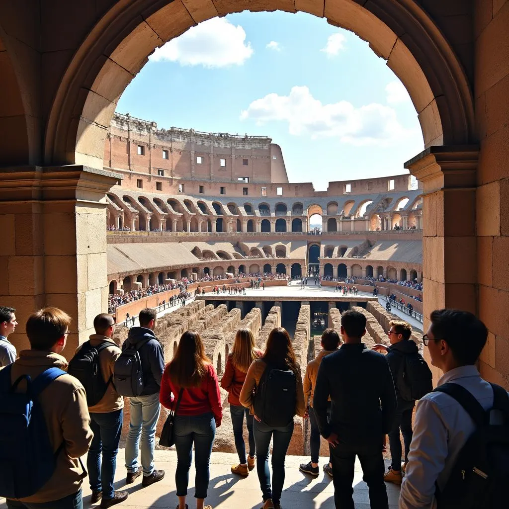 A guided tour group exploring the Colosseum in Rome