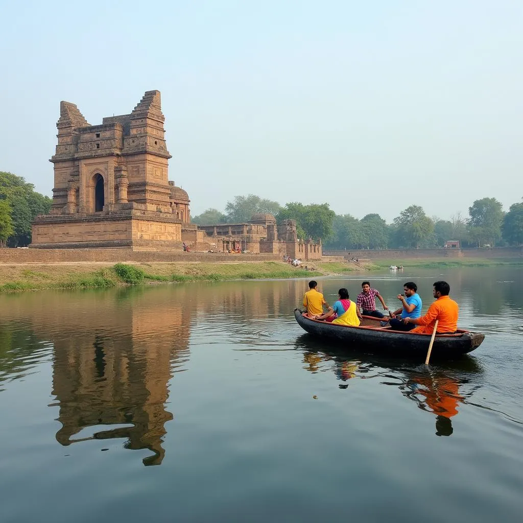 Tourists enjoying a coracle ride on the Tungabhadra River in Hampi