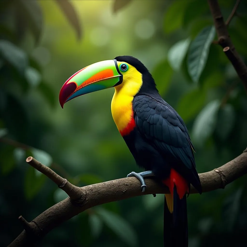 A colorful toucan perched on a branch in the Costa Rican rainforest