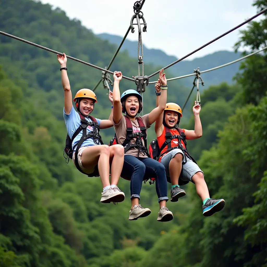 Tourists ziplining through the lush Costa Rican rainforest