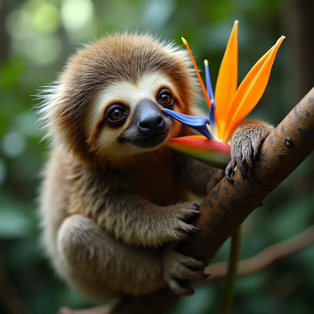 A sloth hangs upside down from a tree branch in Costa Rica