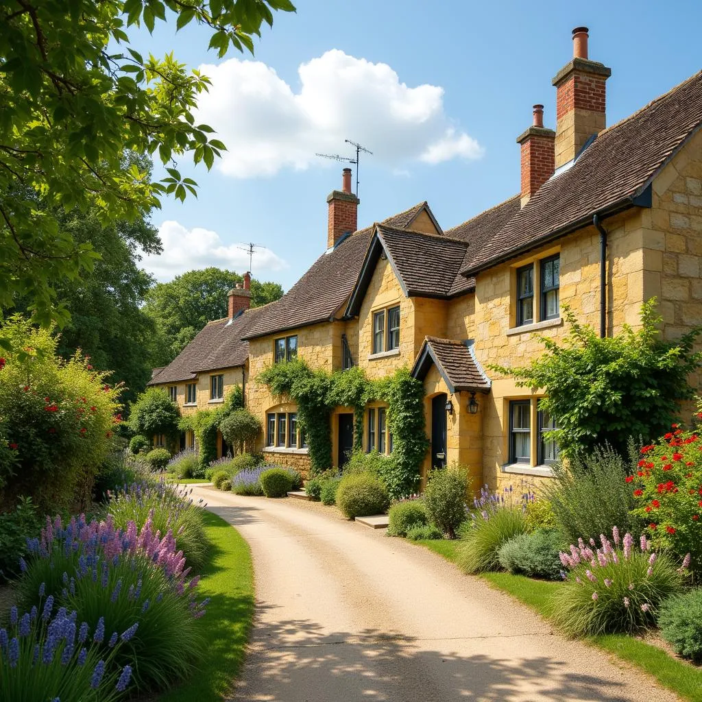 Picturesque Cotswolds village with blooming flowers