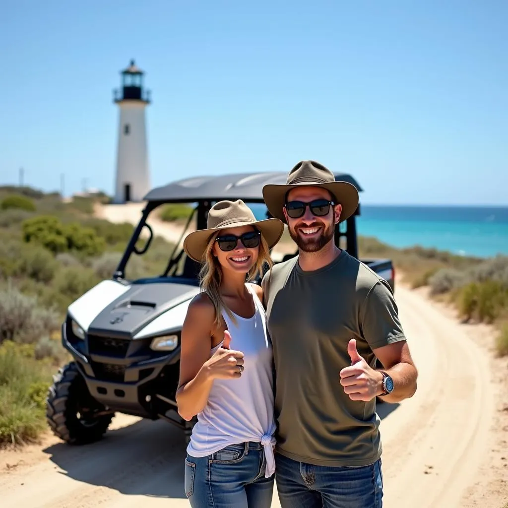 Couple posing for a photo with a UTV and the California Lighthouse in the background