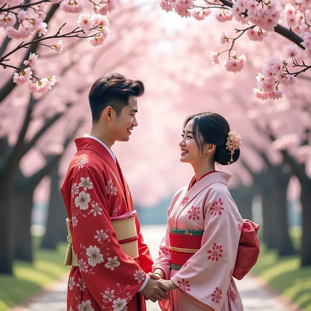 Romantic Couple Wearing Kimono Under Cherry Blossoms