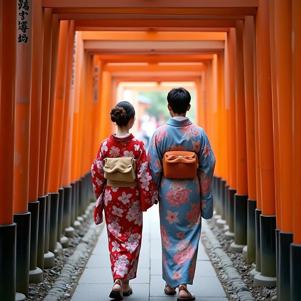 Couple Wearing Traditional Japanese Kimonos Strolling Through Fushimi Inari Shrine