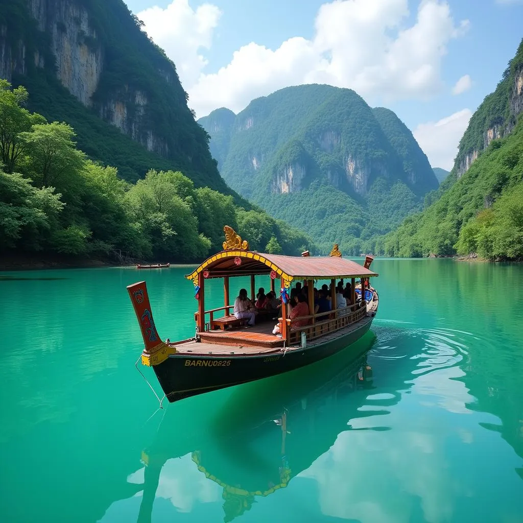 Boat on the crystal clear waters of the Umngot River in Dawki, Meghalaya