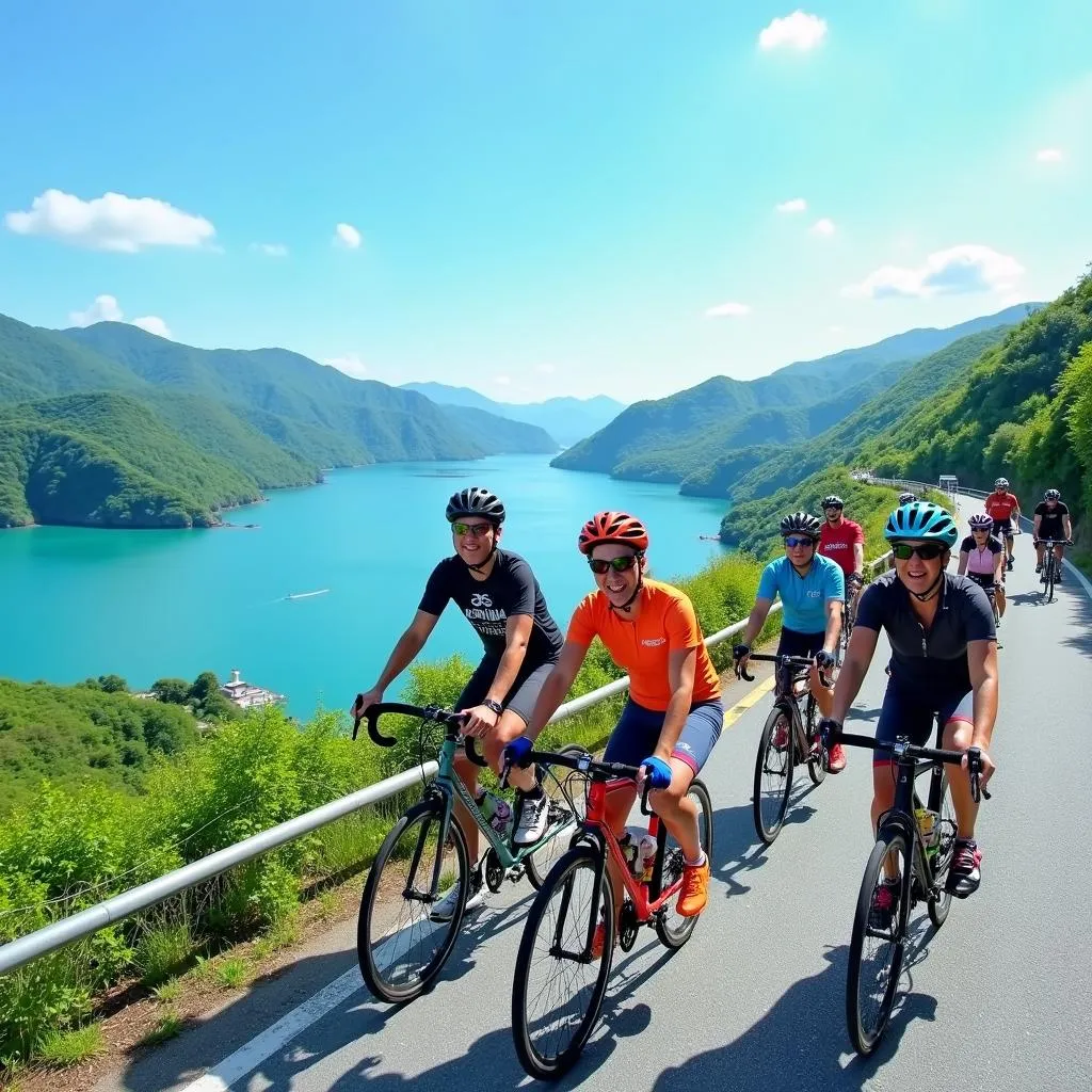 Cyclists enjoying the Shimanami Kaido route