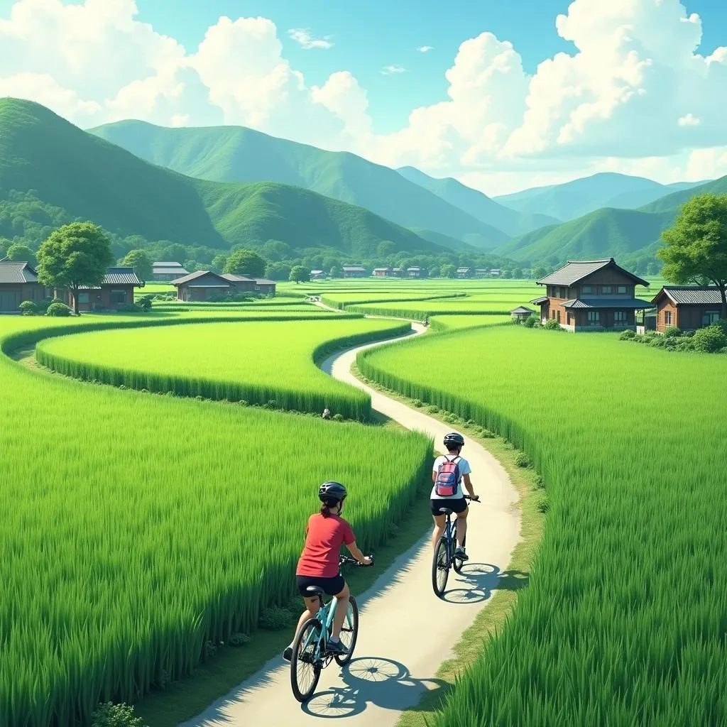 Two cyclists riding on a path through rice paddies in the Kibi Plain