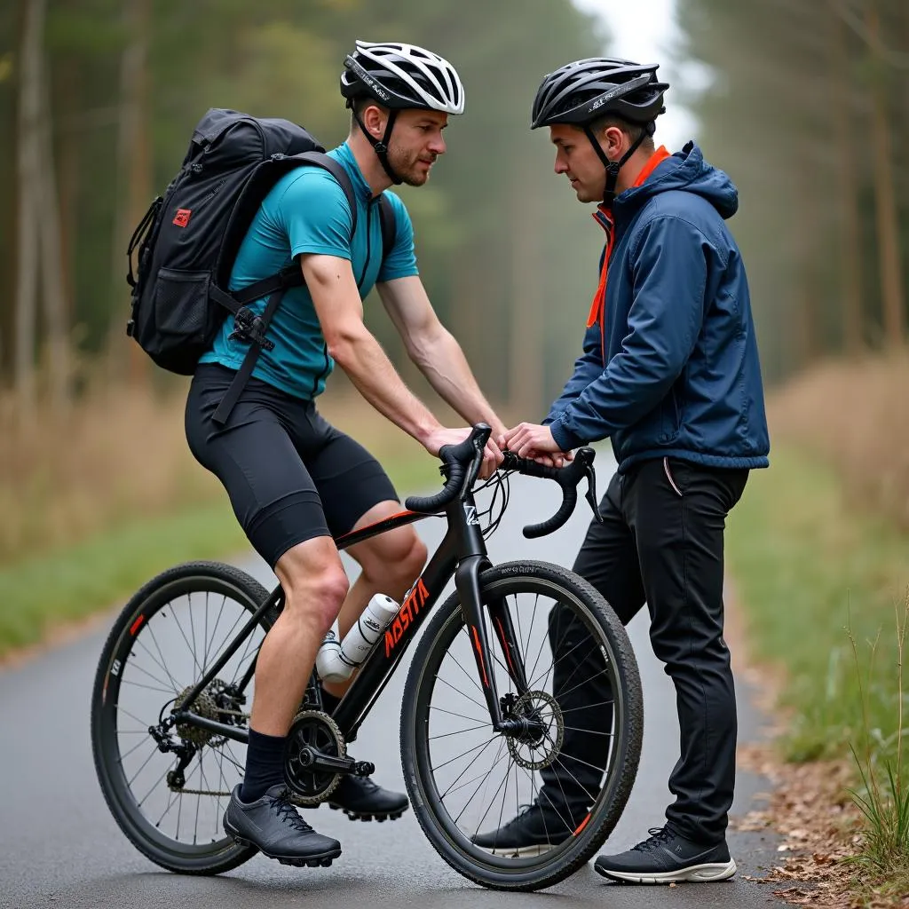 A cyclist adjusting their bike fit with the help of a professional at a bike shop