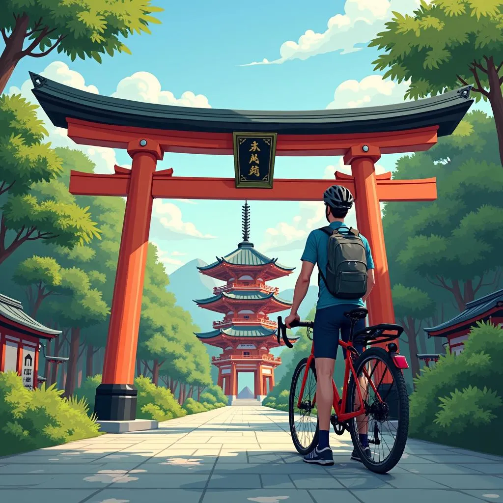 A lone cyclist taking a break at a traditional Japanese temple, admiring the architecture