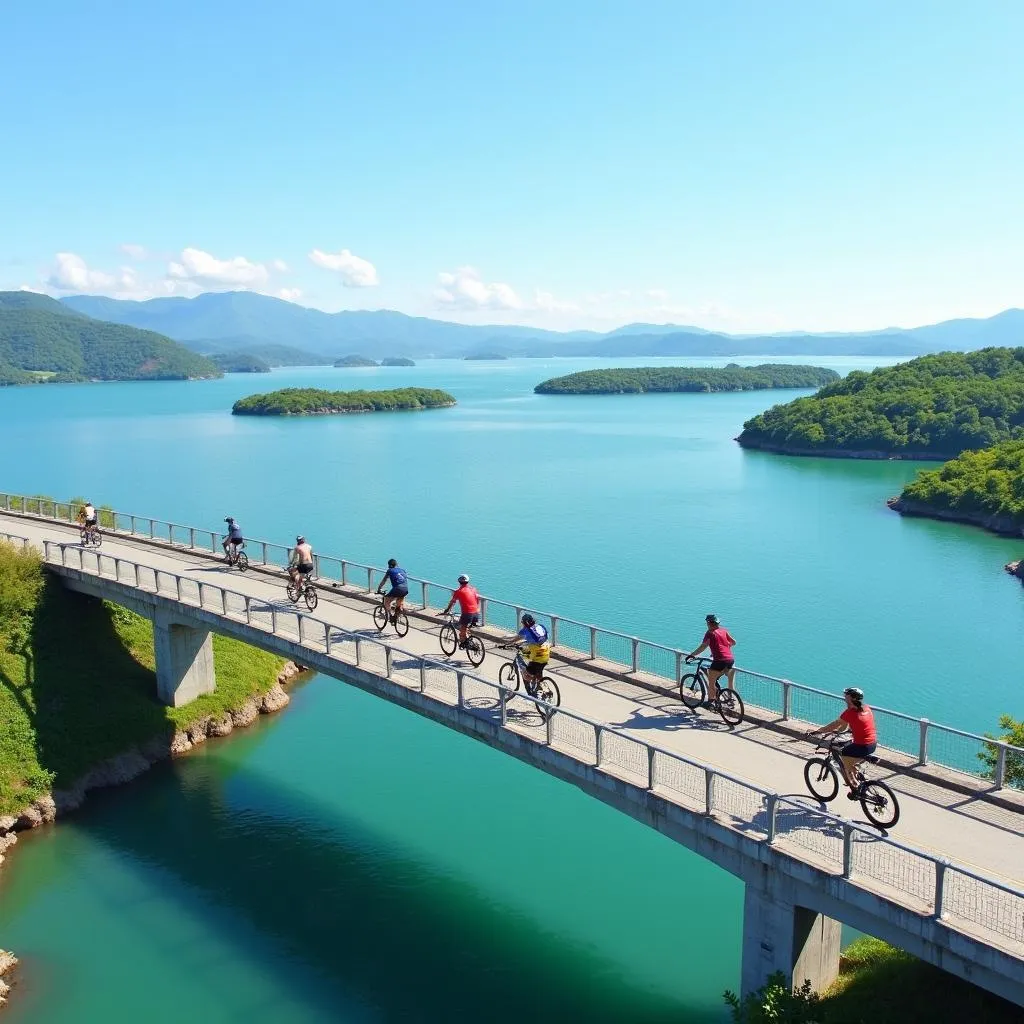 Cyclists on the Shimanami Kaido bridge with stunning ocean views