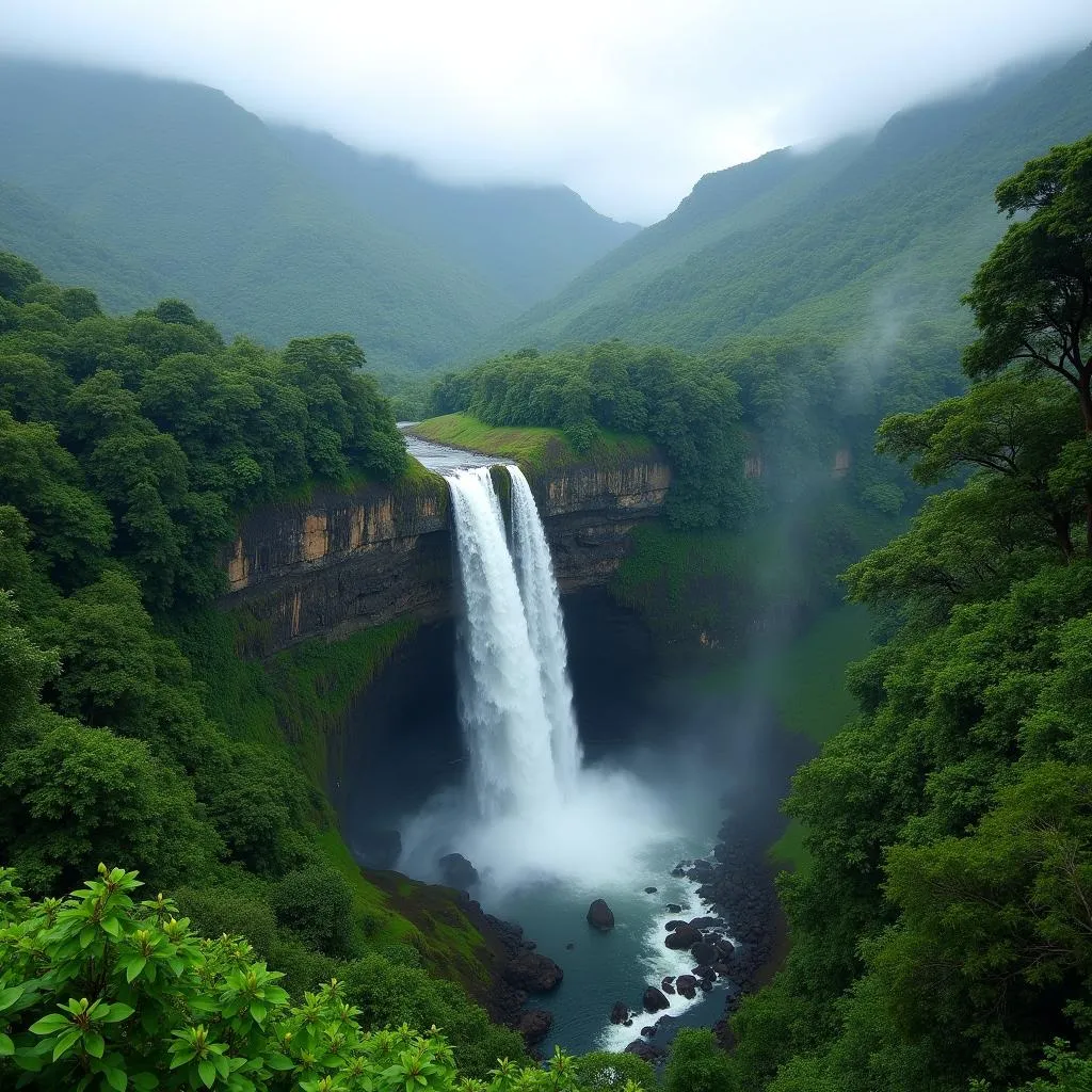 Majestic waterfall cascading down the hills in Daringbadi