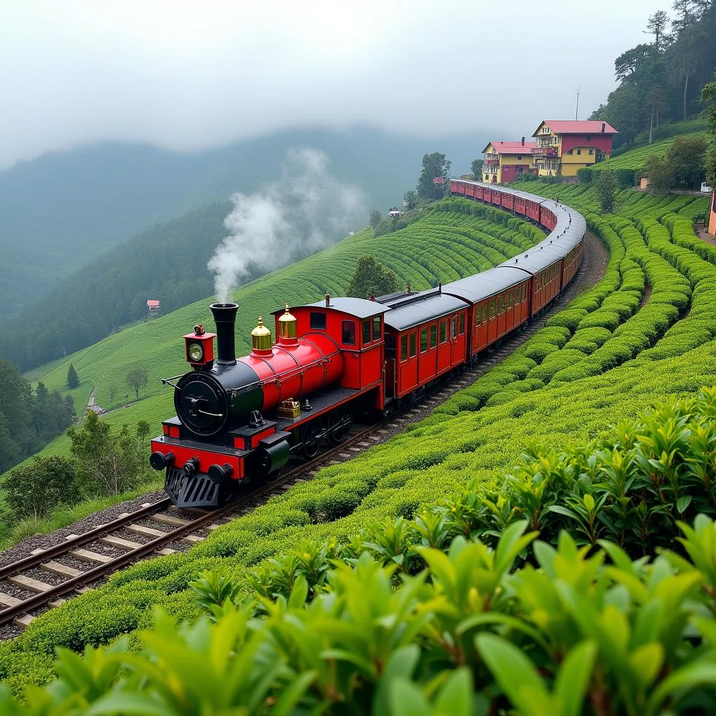 Darjeeling toy train amidst tea gardens