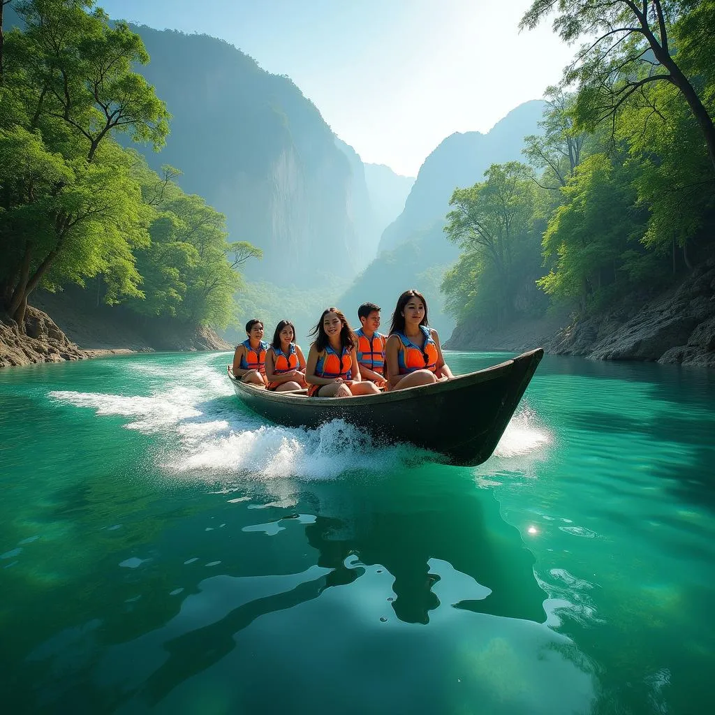 Tourists enjoying a boat ride on the crystal-clear Umngot River