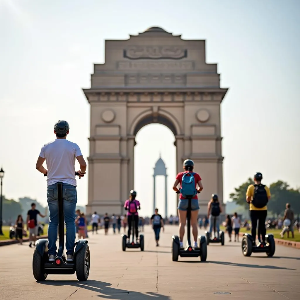 Tourists on Segways with India Gate in the background