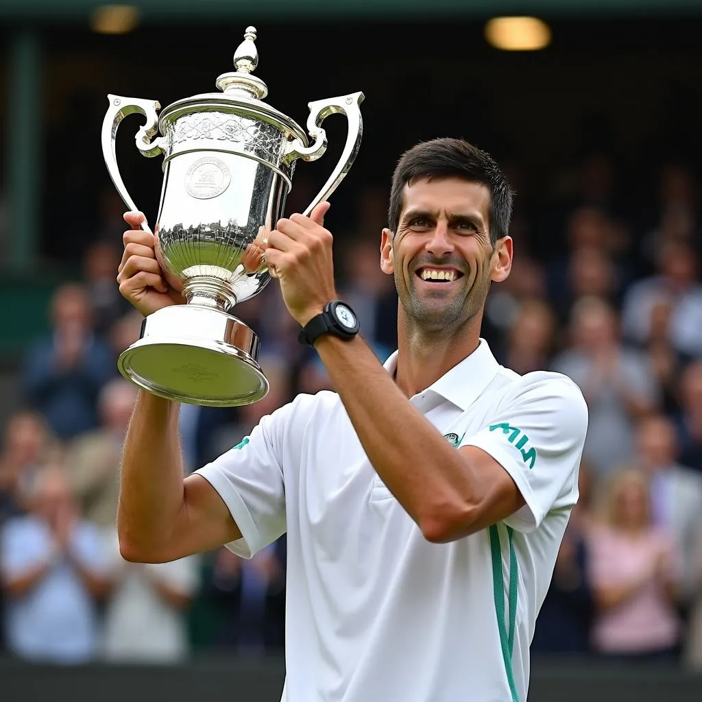 Djokovic lifting the Wimbledon trophy